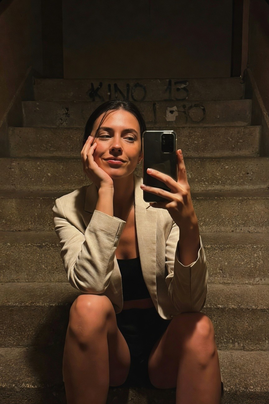 Woman sitting on concrete stairs taking a selfie, wearing a light beige blazer over black crop top and short black shorts, hand resting on cheek, graffiti in background
