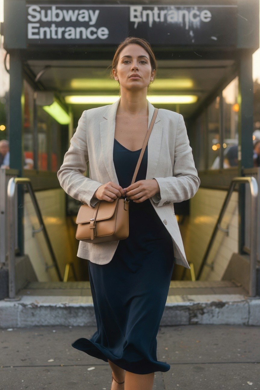 Woman in open light cream blazer over deep navy flowy midi dress with thin straps, tan leather crossbody bag, nude strappy heels, walking toward subway stairs