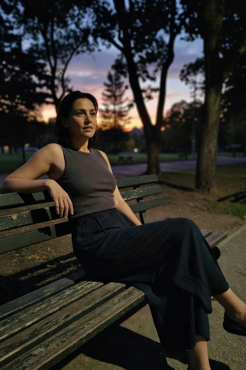 Woman in gray ribbed sleeveless tank top tucked into black wide-leg gathered-waist pants with black loafers, seated casually on a wooden bench