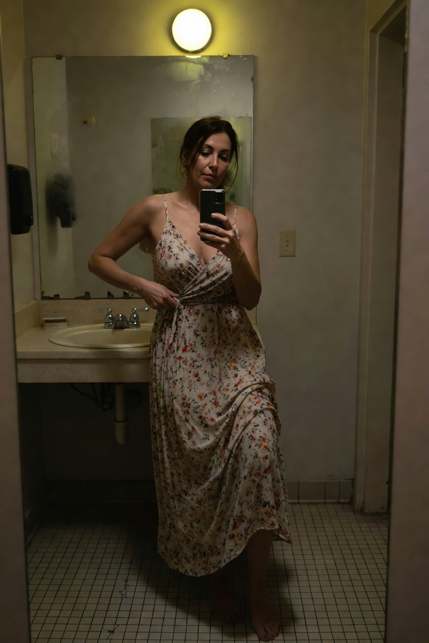 Woman taking a mirror selfie in a public restroom, wearing a light beige floral print spaghetti-strap wrap midi dress with a tie belt at the waist, standing barefoot on tiled floor