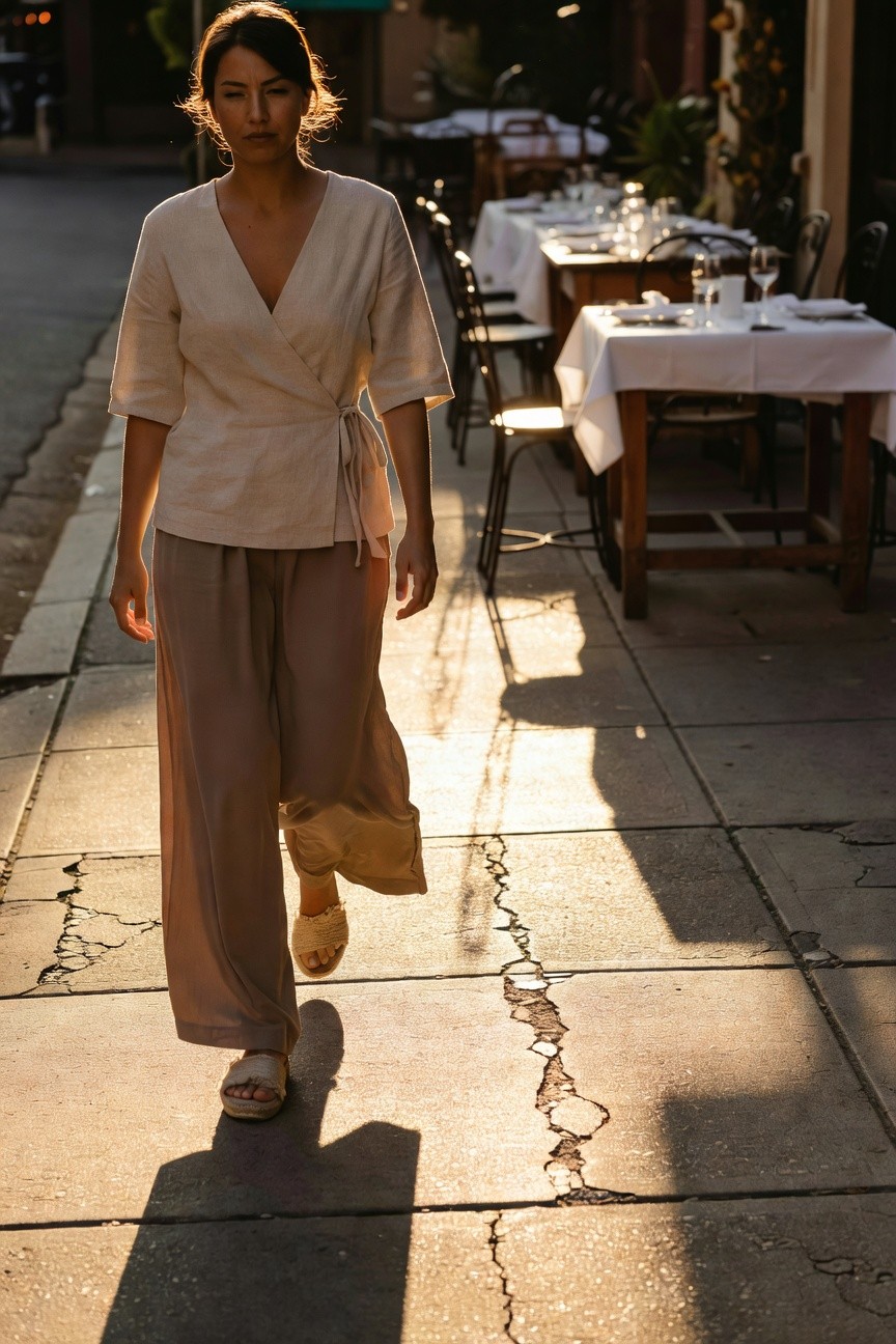 Woman in cream linen short-sleeve wrap blouse tied at waist, taupe wide-leg linen pants, and beige espadrille wedge sandals, walking on cracked pavement