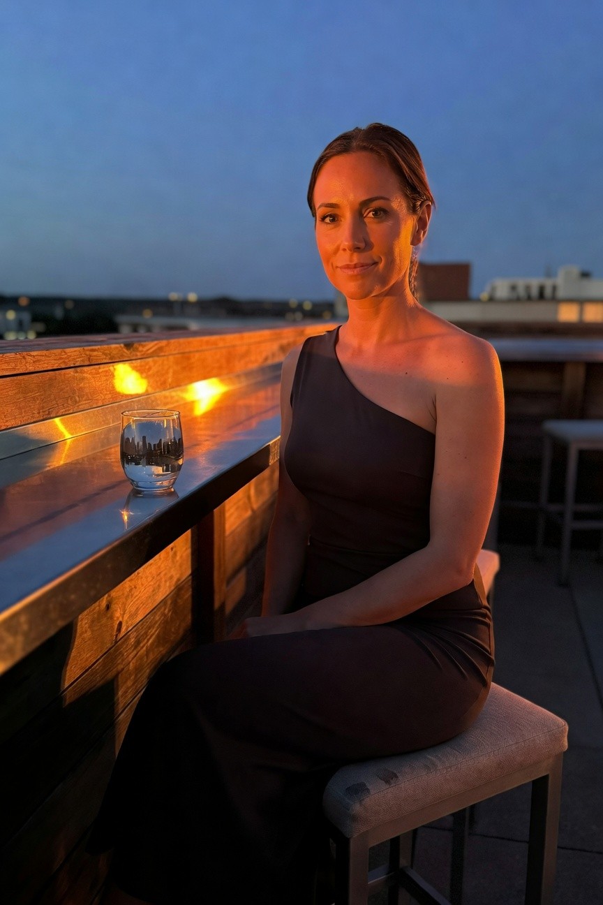 Woman in sleek black one-shoulder dress seated on a bar stool at a rooftop bar holding a city skyline etched glass of water