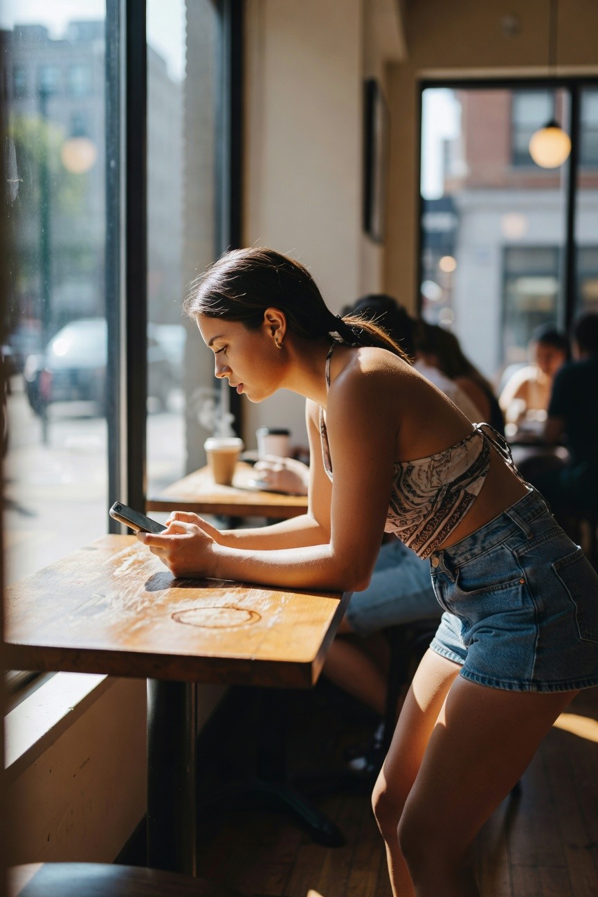Side view of woman wearing a white patterned bandeau top with halter-style ties and high-waisted frayed blue denim cutoff shorts, leaning forward over a wooden table while holding a phone