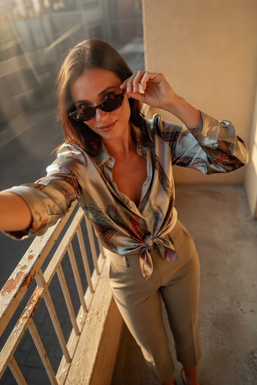 Woman taking a selfie in a patterned silk blouse tied at the waist over cropped beige trousers, wearing sunglasses, standing by a railing