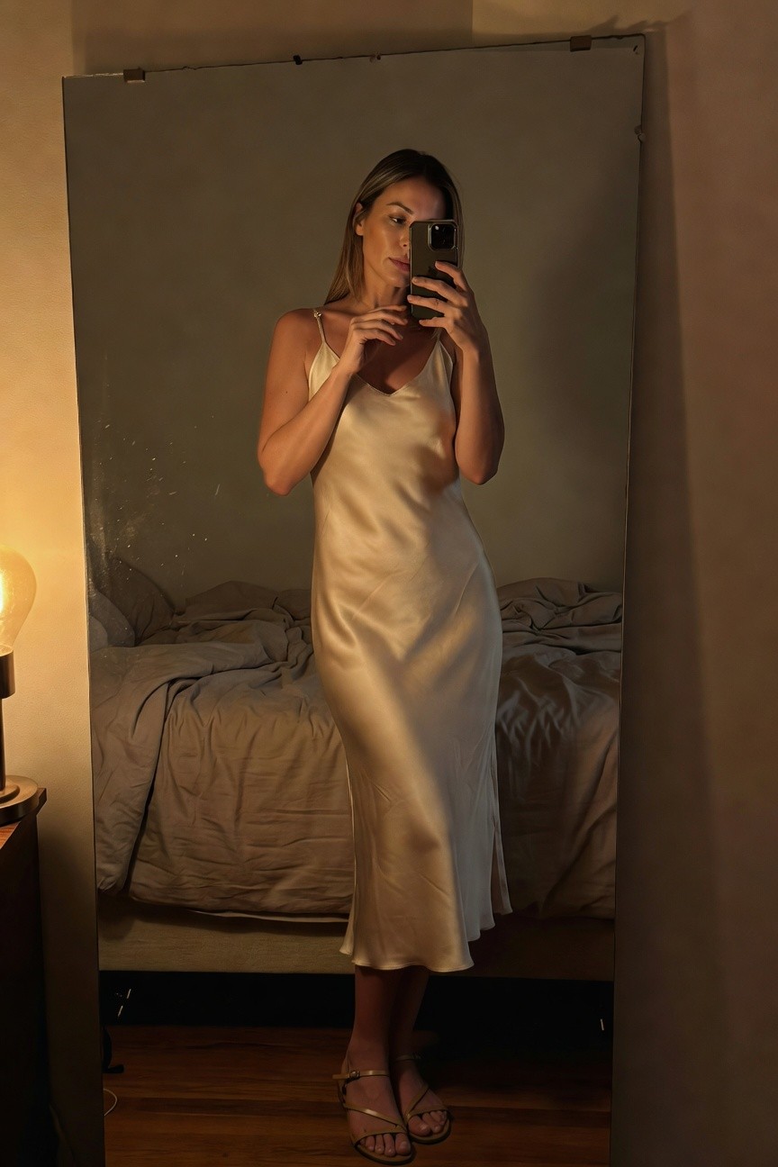 Woman in a long beige satin slip dress with spaghetti straps standing in front of a mirror holding her phone for a selfie wearing gold strappy flat sandals on wooden floor