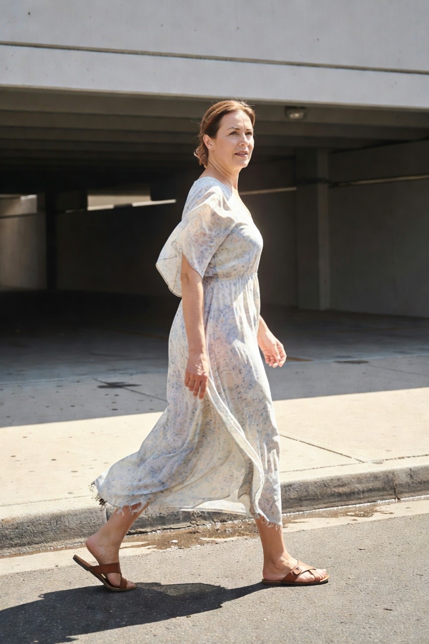 Woman walking away in a sheer off-white printed maxi dress with wide kimono sleeves, gathered waist, fringed hem, and tan flat thong sandals, set against a concrete parking structure