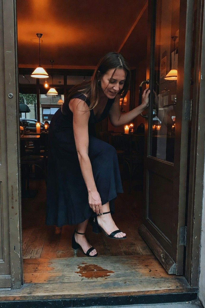 Woman in sleeveless navy midi dress and black strappy heeled sandals, stepping through a doorway while smiling and holding the door open