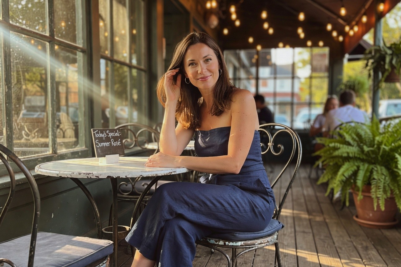 Woman sitting at a table in a navy blue strapless wide-leg linen jumpsuit with cinched waist, gold hoop earrings, loose brown hair, smiling confidently