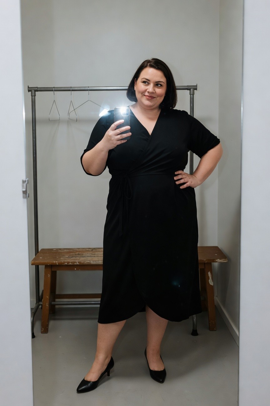 Plus-size woman taking a selfie in a black short-sleeve wrap midi dress with waist tie, paired with black pointed heel pumps, standing confidently in a fitting room with garment rack and wooden bench behind