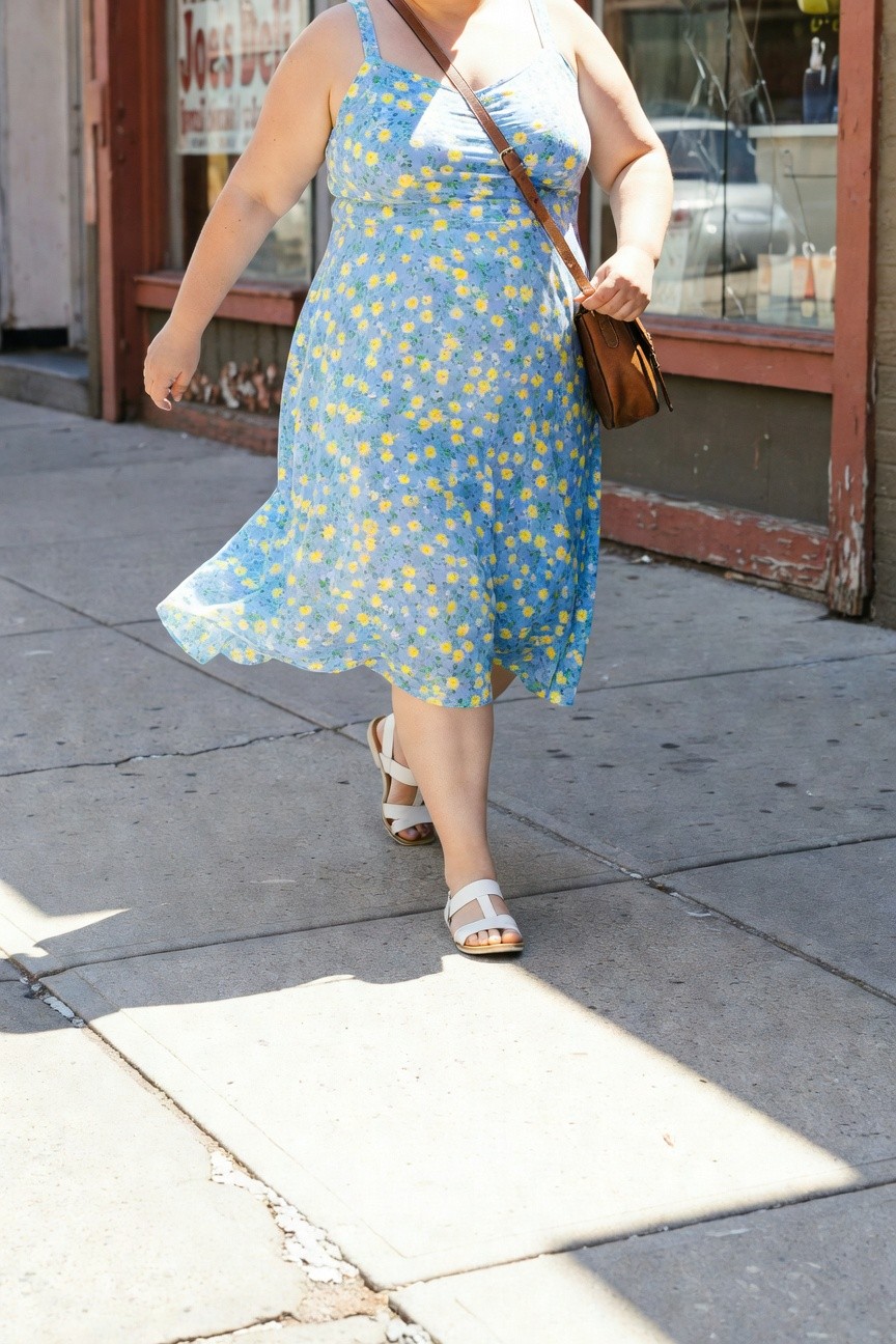 Plus-size woman walking on sidewalk in light blue floral sundress with yellow daisies, brown crossbody bag, and white strappy sandals, outside Joe's Deli storefront