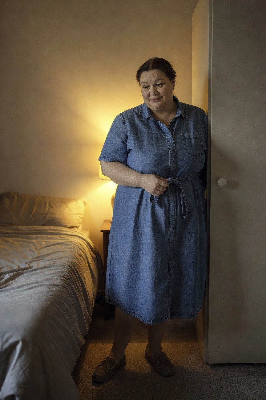 Plus-size woman in a knee-length blue denim shirtdress with short sleeves, button front, and waist belt tie, standing with hands adjusting the belt, wearing brown loafers, beside a bed in warm indoor lighting.
