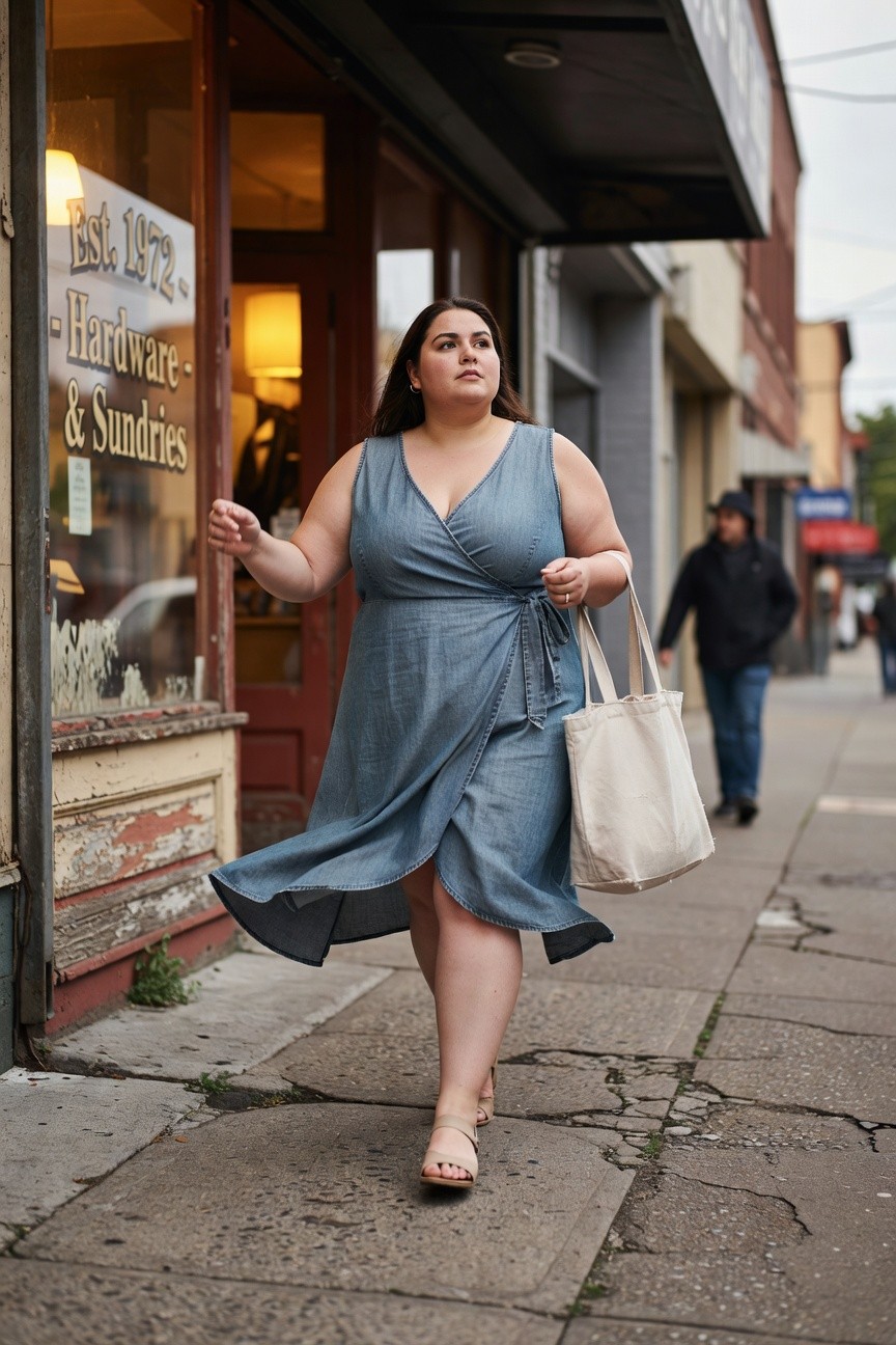 Plus-size woman walking in a blue chambray wrap dress with flared skirt, carrying a beige canvas tote bag, wearing nude strappy sandals, outside a hardware store.