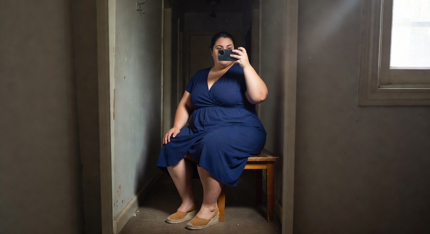 Plus-size woman smiling in a selfie mirror photo, wearing a sleeveless navy blue wrap dress cinched at waist, sitting on wooden bench with legs crossed, tan espadrille wedge sandals with ankle straps