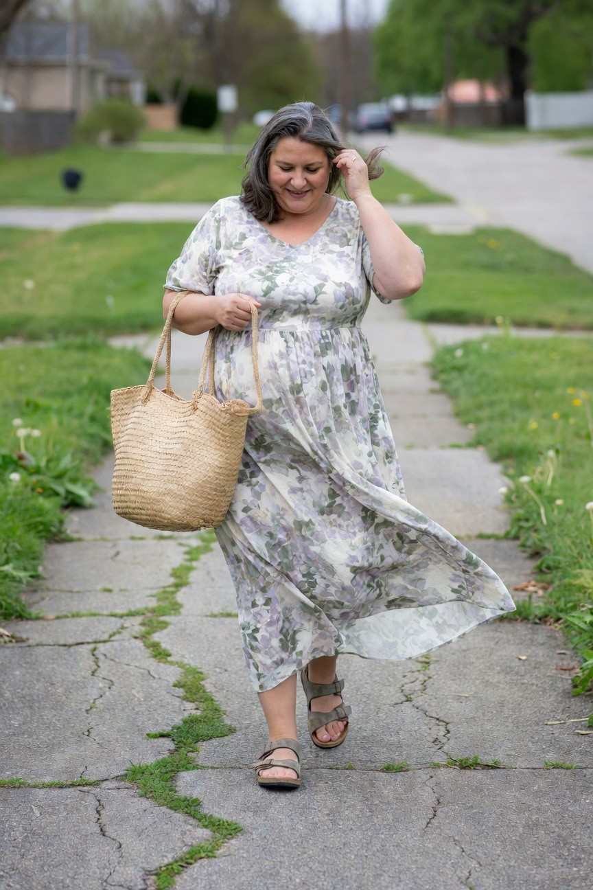 Plus-size woman with gray hair wearing a light gray and lavender floral print flowy maxi dress, holding a large beige straw tote bag, and strappy gray sandals, walking on a cracked sidewalk