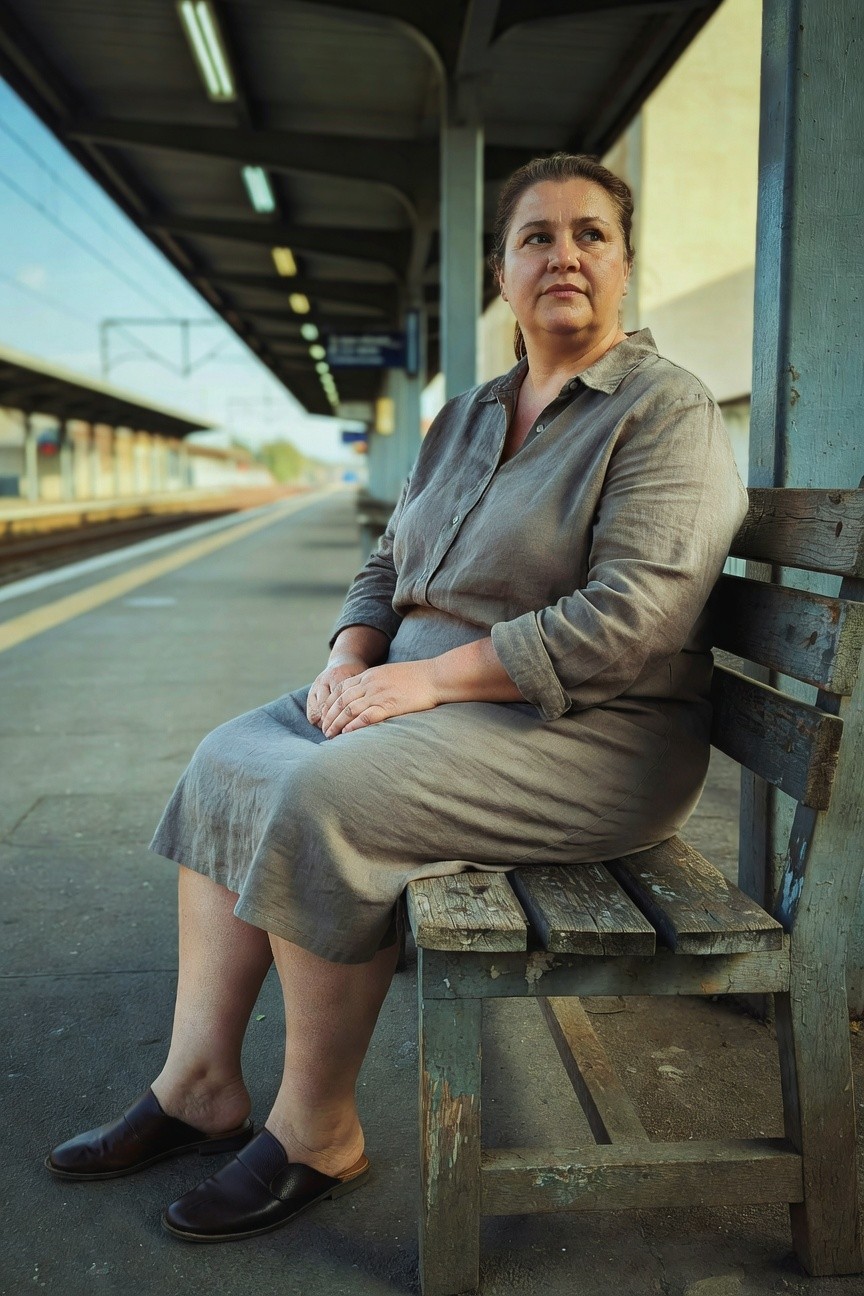 Plus-size woman seated on a wooden bench wearing a loose gray linen shirt dress with rolled sleeves and midi hemline, dark brown leather slip-on mules, neutral expression in a platform setting
