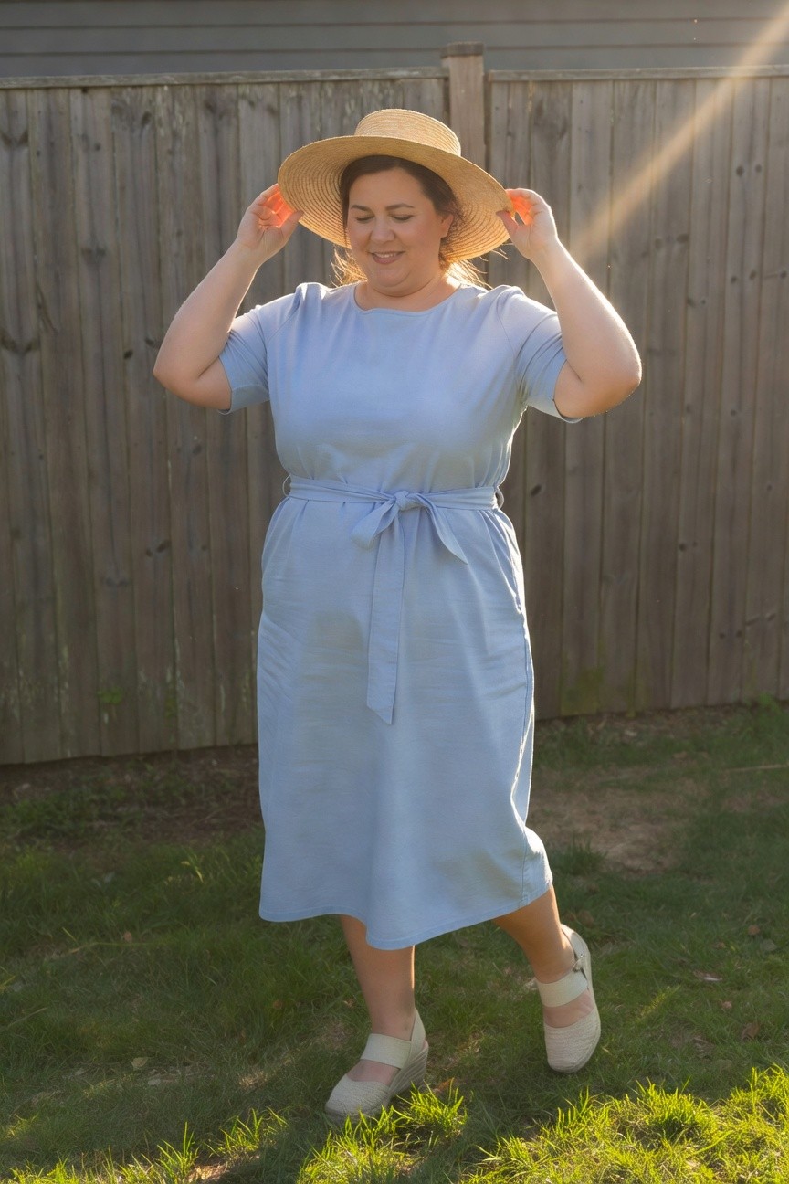 Plus-size woman smiling while holding wide-brim straw hat atop her head, wearing light blue belted linen midi dress with short sleeves and beige espadrille wedge sandals with ankle straps, standing on grass