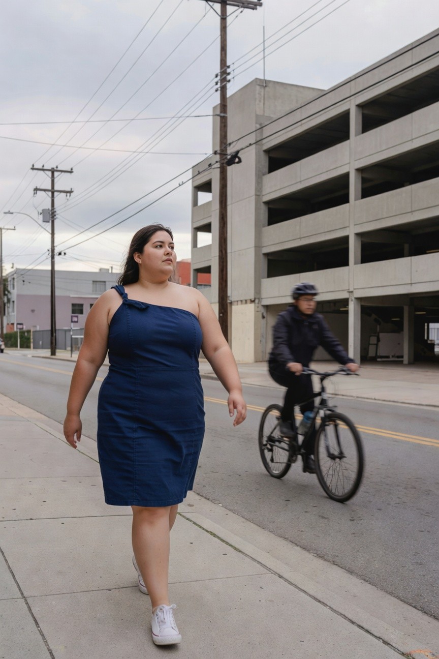 Plus-size woman walking in a navy blue one-shoulder mini dress with bow detail and white low-top sneakers, urban street setting