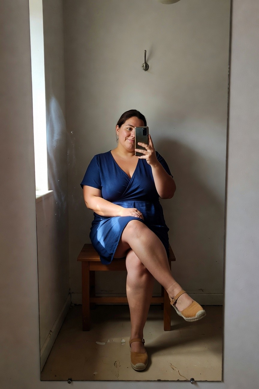 Plus-size woman smiling in a selfie mirror photo, wearing a sleeveless navy blue wrap dress cinched at waist, sitting on wooden bench with legs crossed, tan espadrille wedge sandals with ankle straps