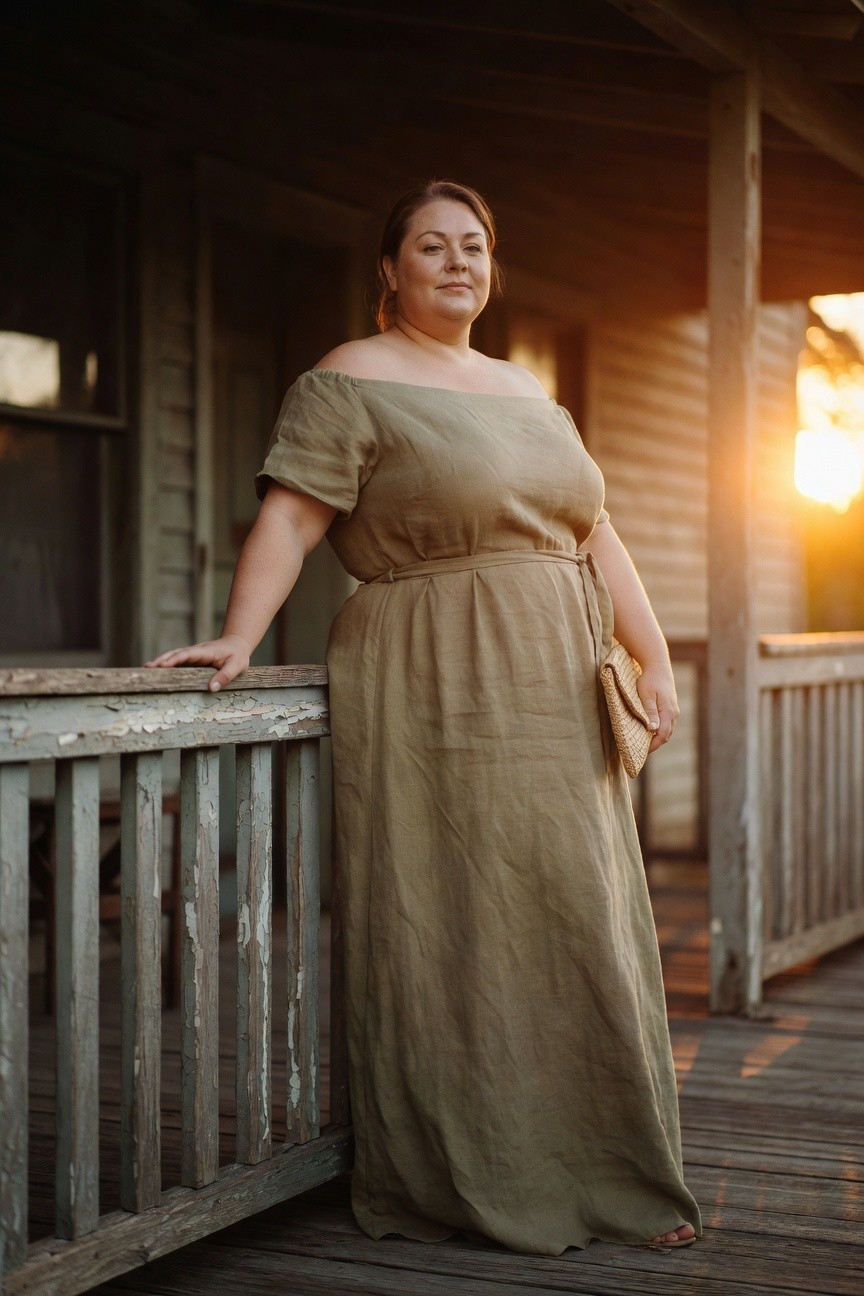 Plus-size woman in an off-shoulder olive green linen maxi dress with a waist belt, leaning on a railing while holding a straw clutch purse and wearing simple sandals, warm evening light