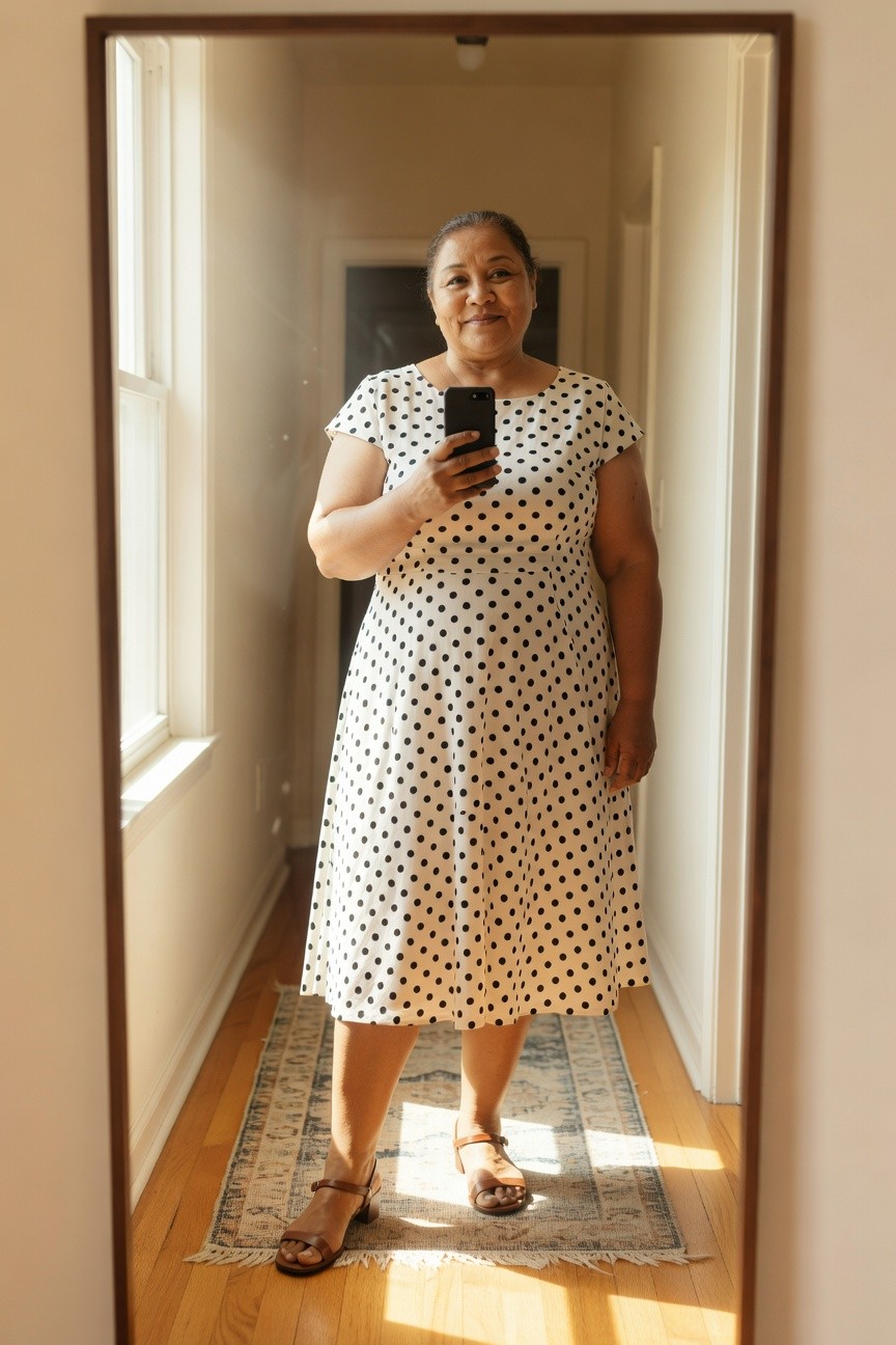 Plus-size woman smiling in mirror selfie wearing white midi dress with black polka dots, short sleeves, flared skirt, holding phone, paired with brown strappy low-heel sandals, standing on hallway rug