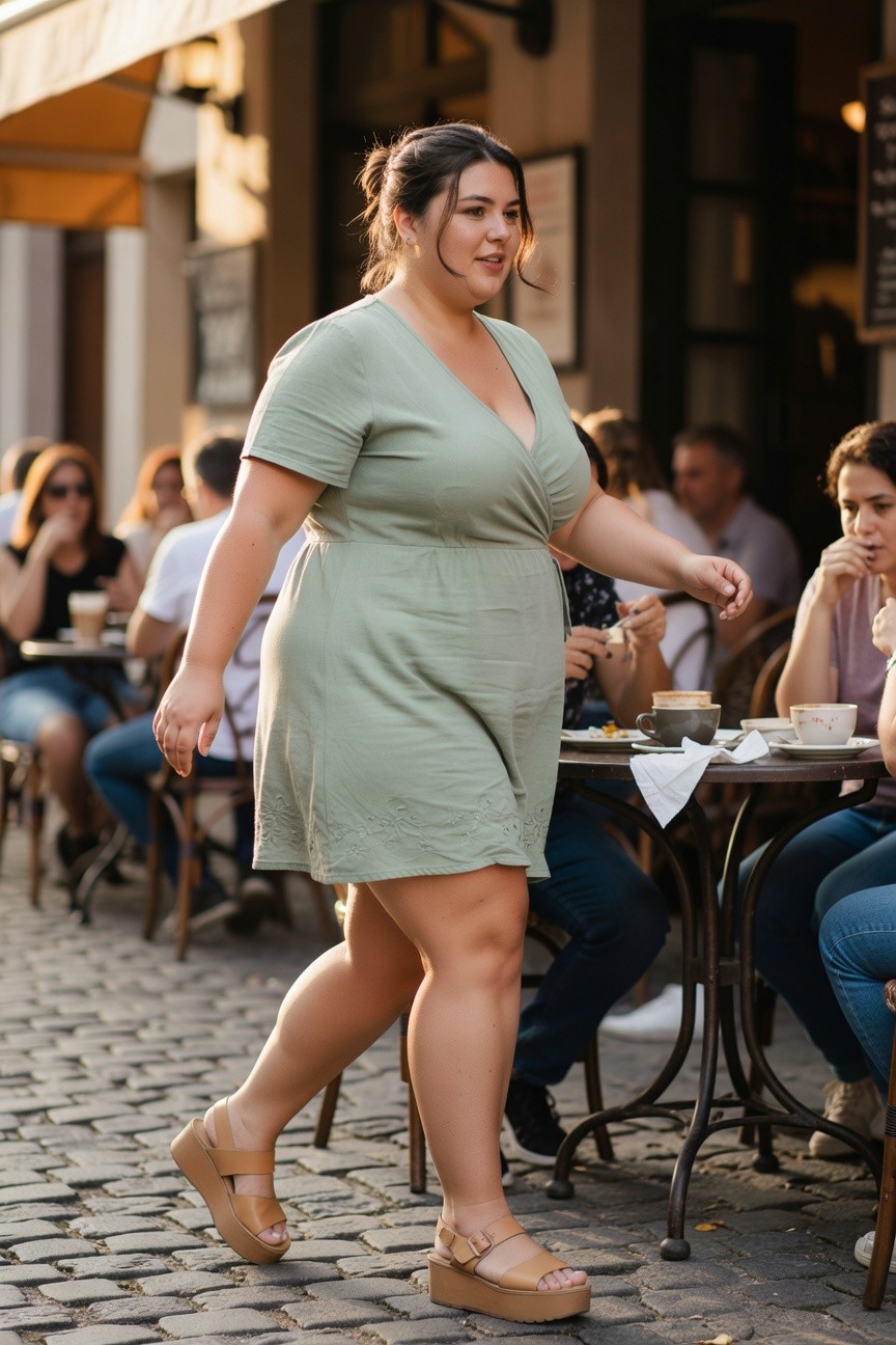 Plus-size woman wearing a short sage green V-neck wrap dress with short sleeves and tan strappy platform wedge sandals, walking on cobblestone street past outdoor cafe tables