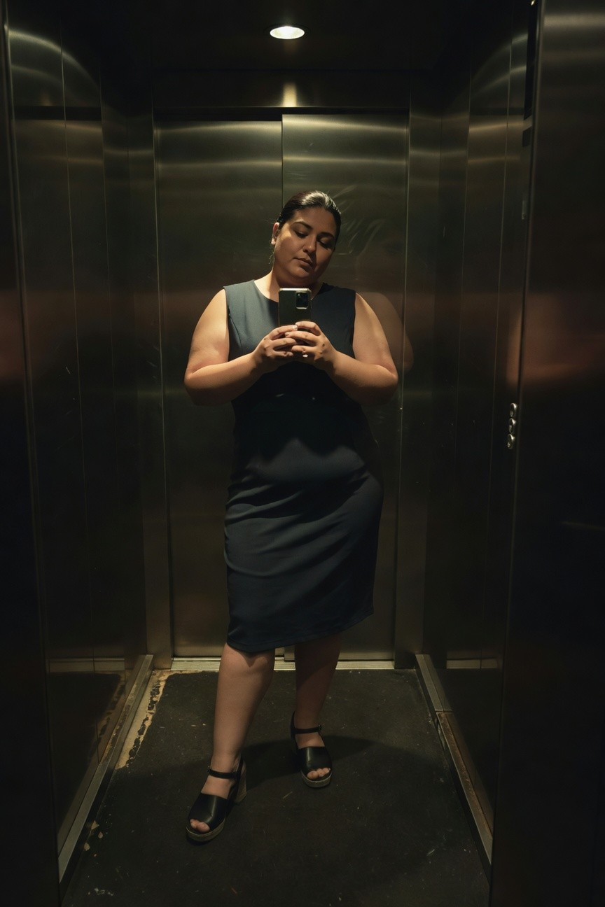 Plus-size woman taking a mirror selfie in an elevator, wearing a sleeveless navy blue knee-length dress and black open-toe wedge sandals with ankle straps