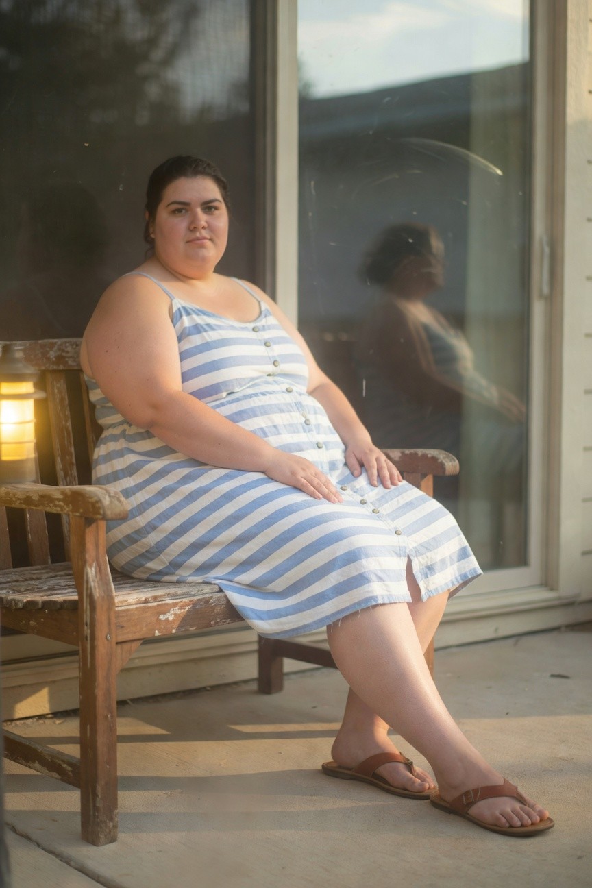 Plus-size woman seated on a weathered wooden bench in a sleeveless blue-and-white striped button-front cotton sundress with a relaxed fit, paired with brown leather thong sandals, natural light highlighting the outfit details