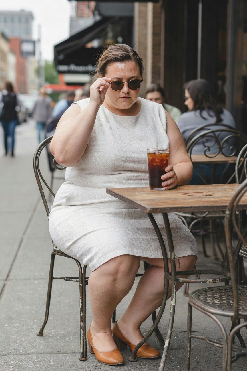 Plus size woman seated outdoors at a cafe table in a white sleeveless textured shift dress, tan low heel pumps, tortoise shell sunglasses, holding a glass of iced tea with straw