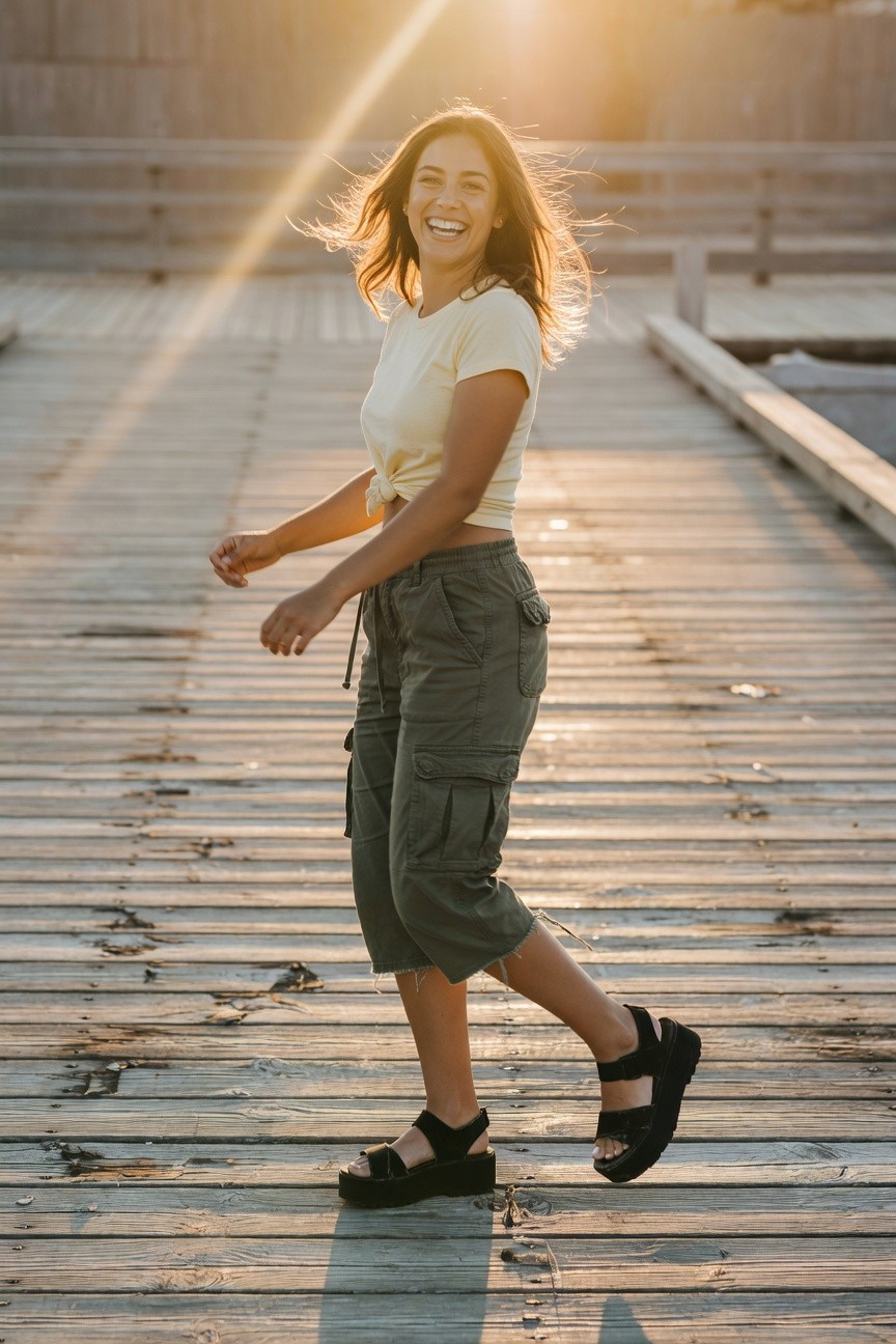 Woman smiling and walking in cream knotted cropped t-shirt, olive green cargo capris, and black strappy platform sandals on wooden pier