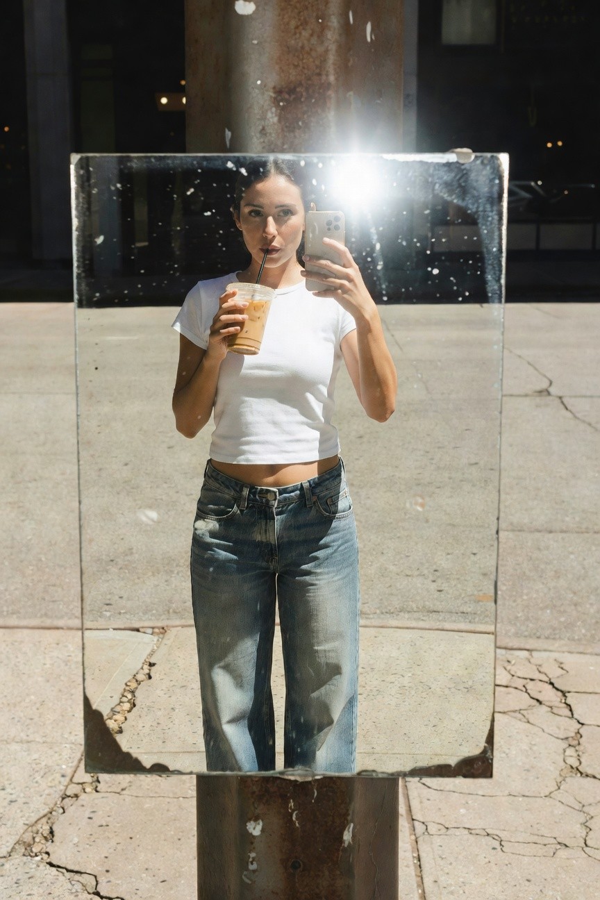 Young woman taking a mirror selfie while sipping an iced coffee through a straw, dressed in a white cropped short-sleeve t-shirt exposing her midriff and light wash distressed low-rise baggy jeans, standing in front of a large reflective metal sheet attached to a rusted pole on a cracked urban sidewalk