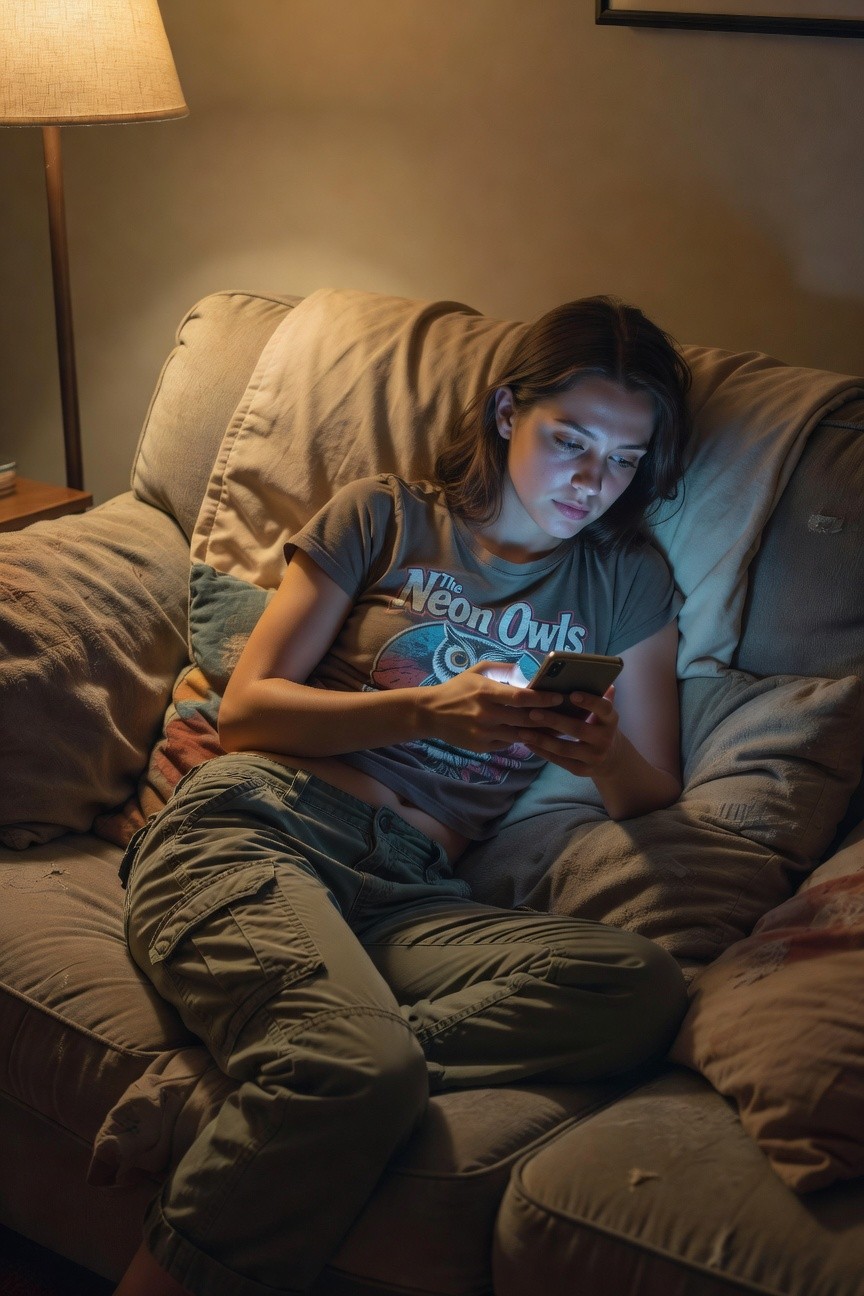 Woman lounging in a faded gray Neon Owls graphic t-shirt and loose olive green cargo pants, low-lit indoor setting