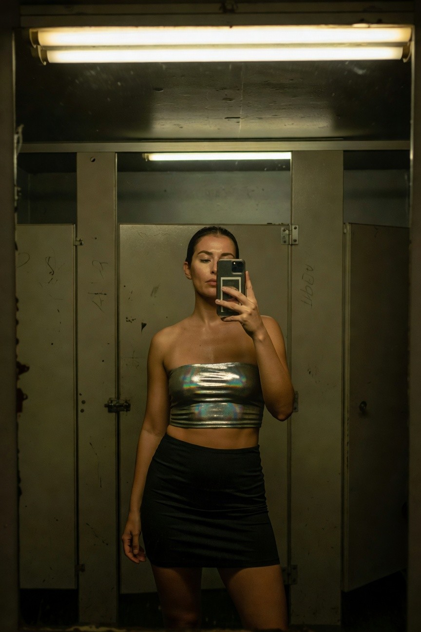 Woman taking mirror selfie in grungy bathroom wearing shiny holographic silver strapless bandeau crop top, black mini skirt, ponytail, and holding phone
