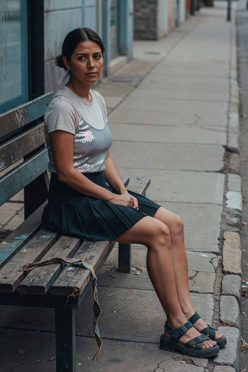 Woman seated on a wooden bench wearing a white short-sleeve t-shirt layered over a silver sequined bralette, dark green pleated mini skirt, and green platform strap sandals with crossed legs