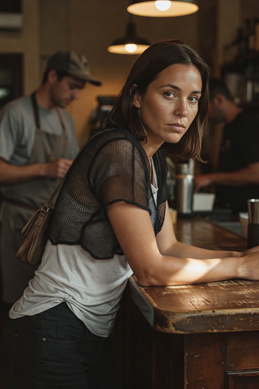 Woman leaning on wooden bar counter wearing sheer black mesh short-sleeve shrug over twisted white tank top, black skinny jeans, and tan crossbody bag, in cafe setting