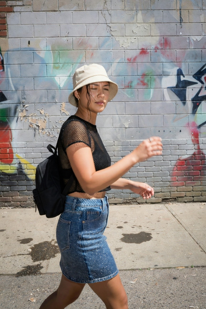 Young Asian woman in beige bucket hat, black sheer mesh short-sleeve top, black backpack, and high-waisted blue denim mini skirt with silver rhinestone embellishments, walking on urban sidewalk against graffiti wall