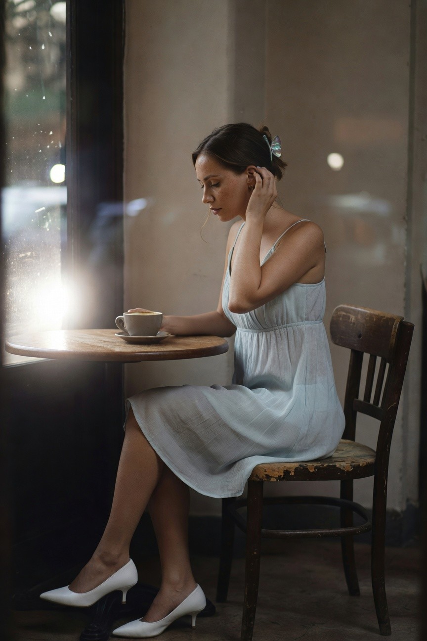 Closeup of woman in pale blue spaghetti strap chiffon dress with empire waist, white pointed mid-heel pumps, butterfly hair clip, seated at wooden table holding gray coffee cup