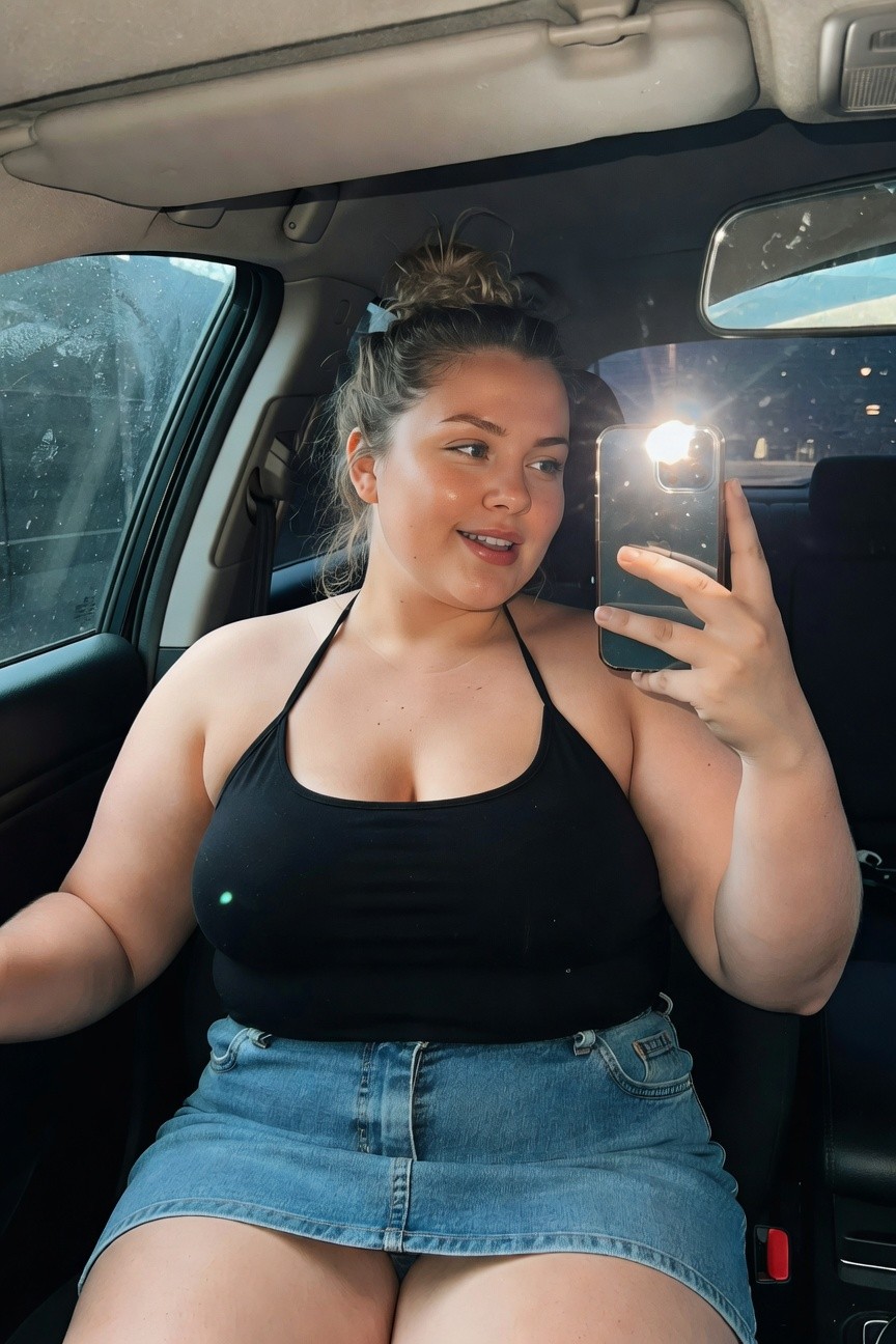 Plus-size woman taking a car selfie, wearing a black spaghetti-strap camisole tank top with deep neckline and a very short high-waisted blue denim miniskirt, blonde hair in a messy bun, smiling at the camera