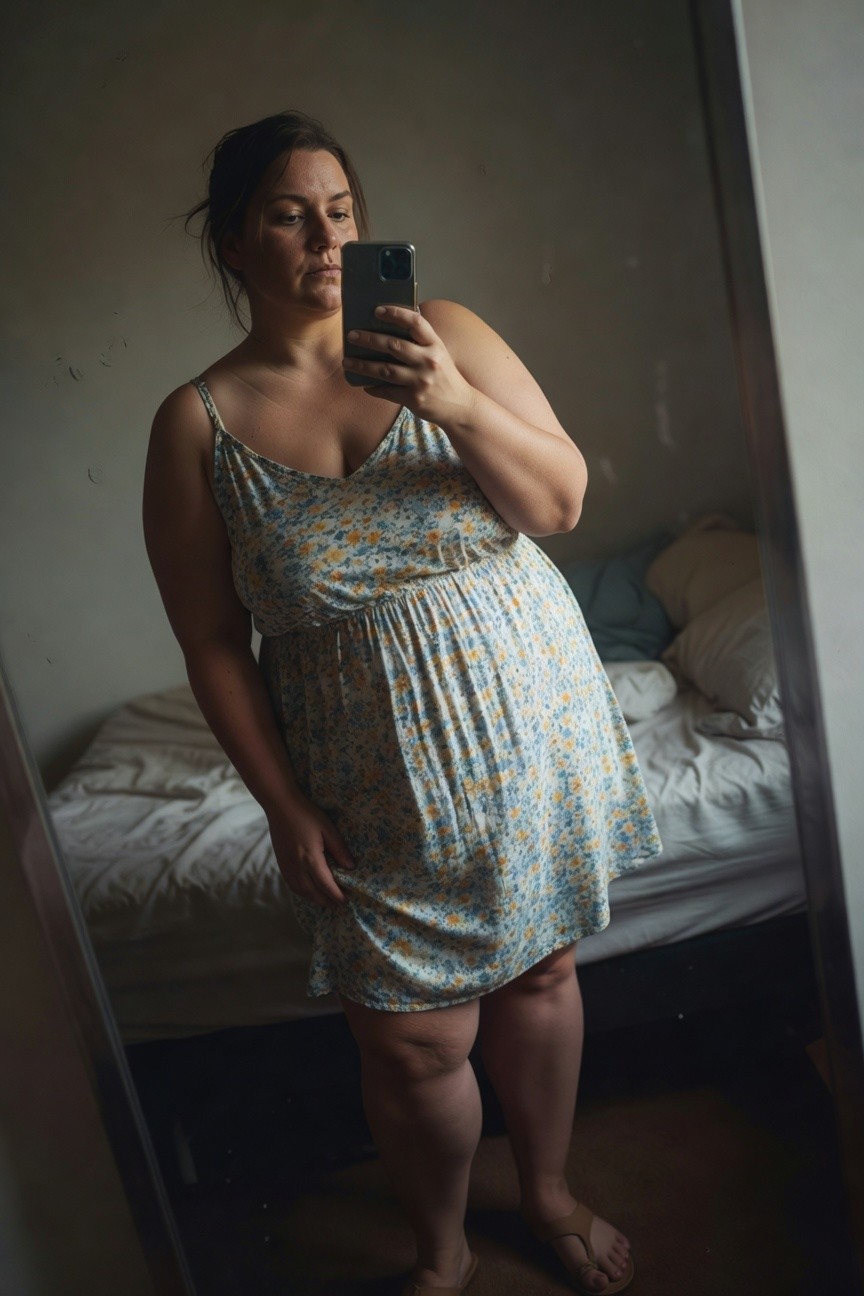 Plus-size woman standing sideways in front of mirror wearing a light blue floral spaghetti strap sundress with yellow and white flowers, tan flip flops, casual bedroom setting