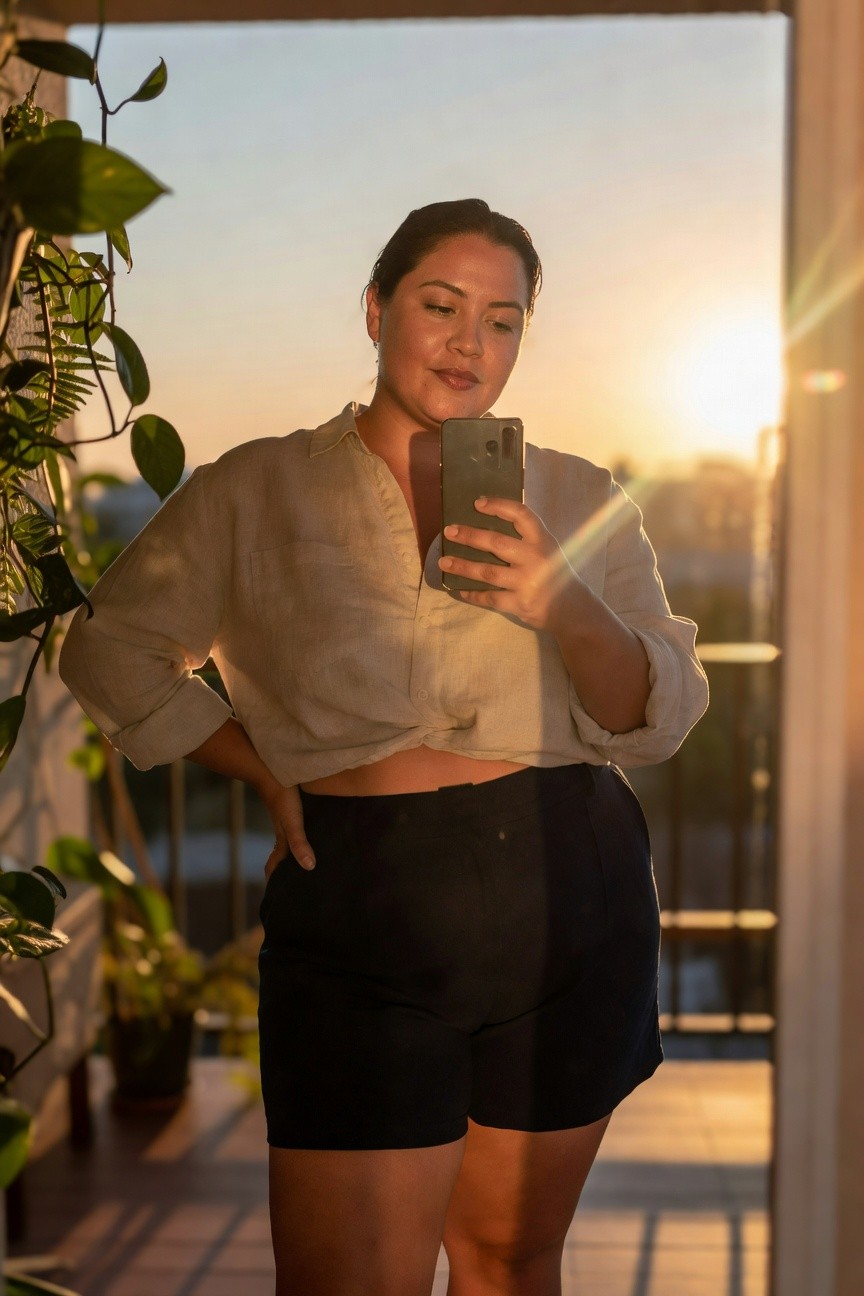 Plus-size woman in cropped beige linen shirt with rolled sleeves tied at midriff and high-waisted black wide-leg shorts, posing confidently on a balcony holding her phone for a selfie