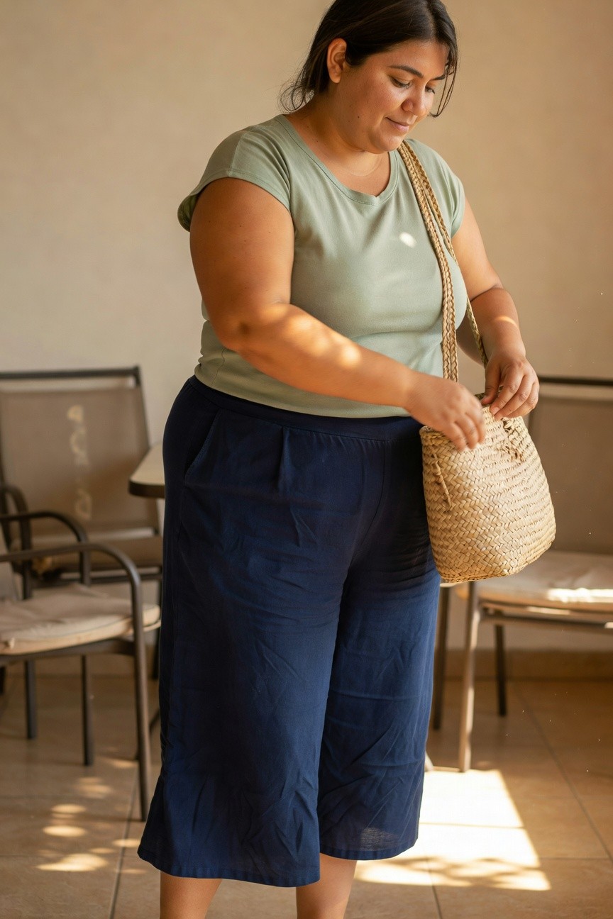 Plus-size woman standing in sage green cap-sleeve t-shirt tucked into navy wide-leg cropped pants, holding a woven straw tote bag, casual summer outfit