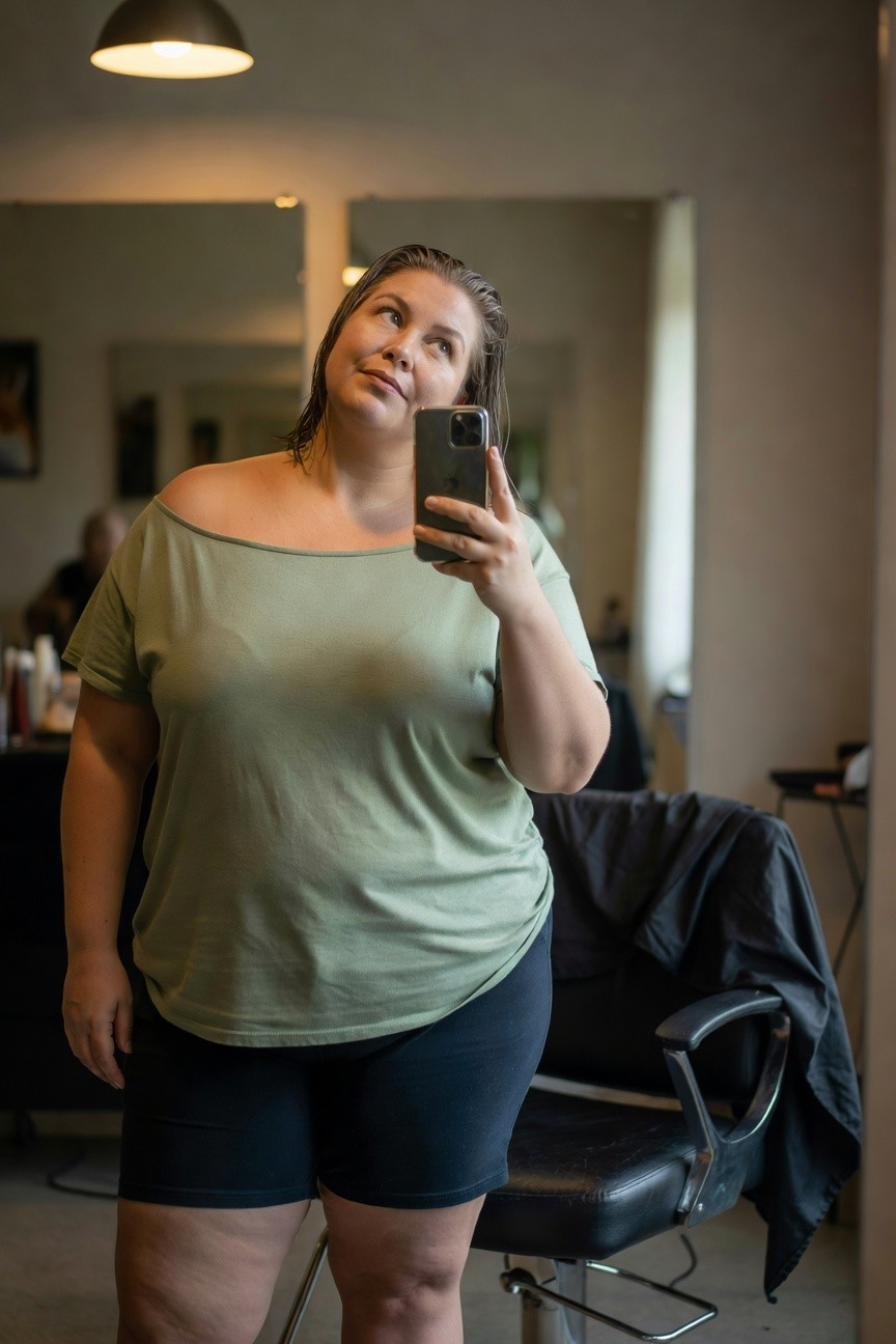 Plus-size woman with wet hair taking a mirror selfie in a salon, wearing a loose off-shoulder sage green t-shirt and black mid-thigh bike shorts, standing near a stylist chair.
