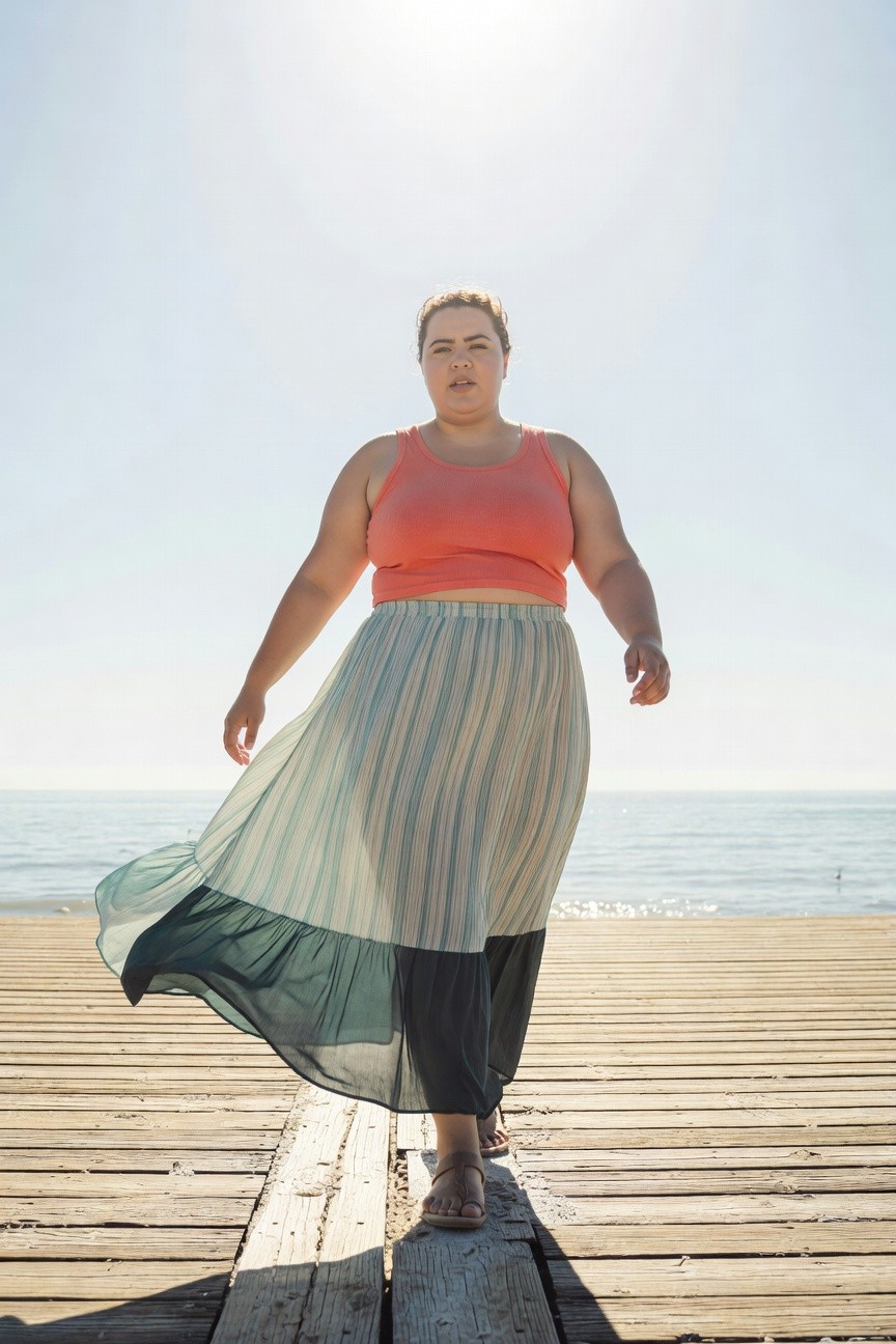 Plus-size model in orange sleeveless tank top and high-waisted flowy layered striped skirt in blue-white over green, strappy flat sandals, walking on wooden pier by ocean