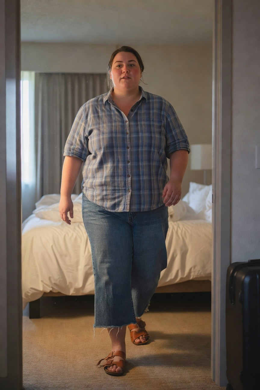 Plus-size woman standing in a hotel room doorway wearing a light blue plaid button-down shirt with rolled sleeves, wide-leg mid-wash denim jeans with frayed hems, and tan leather strap sandals, casually walking forward