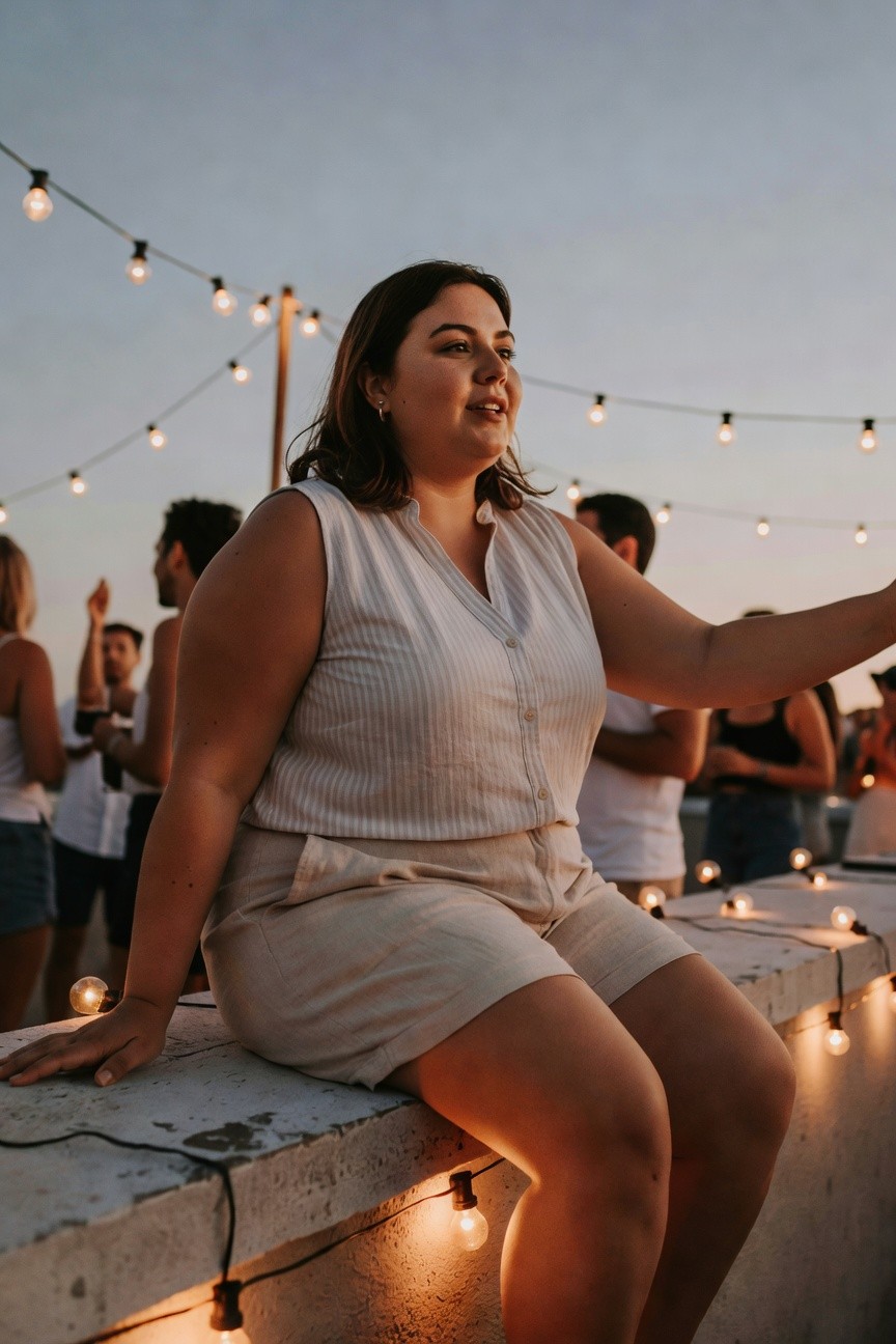 Plus-size woman sitting on a low wall wearing a white pinstriped sleeveless button-up top and beige linen shorts, smiling with one arm raised, hoop earrings, casual party-ready outfit