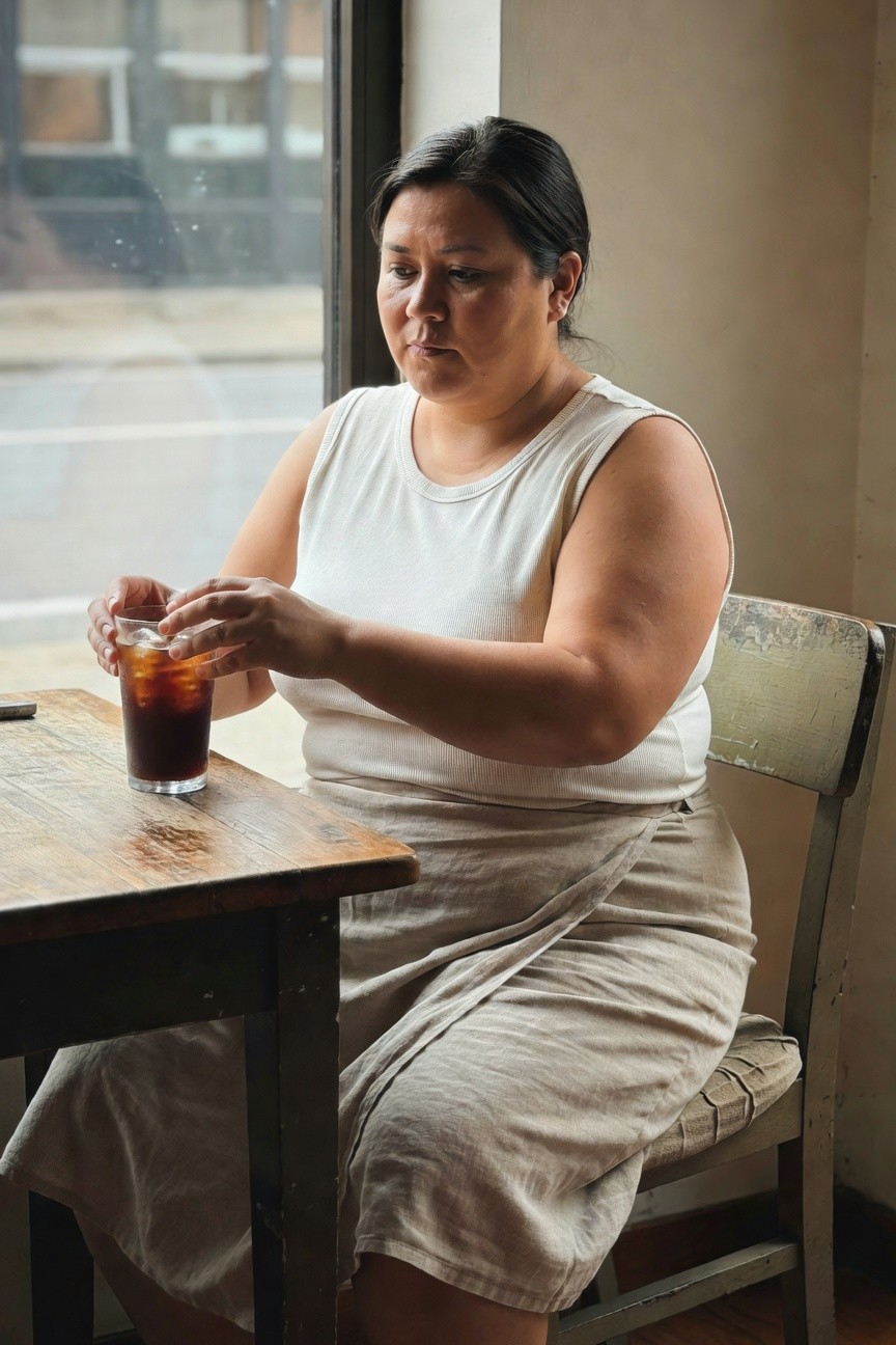 Plus-size woman in white sleeveless tank top and beige linen wrap skirt sitting sideways at a cafe table, hands holding a glass of iced coffee on a wooden surface