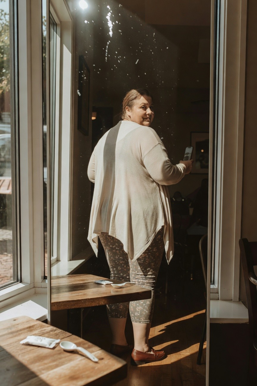 Back view of plus-size woman in cream flowy open-front cardigan layered over gray patterned cropped leggings and reddish brown loafers, holding phone while standing near wooden table