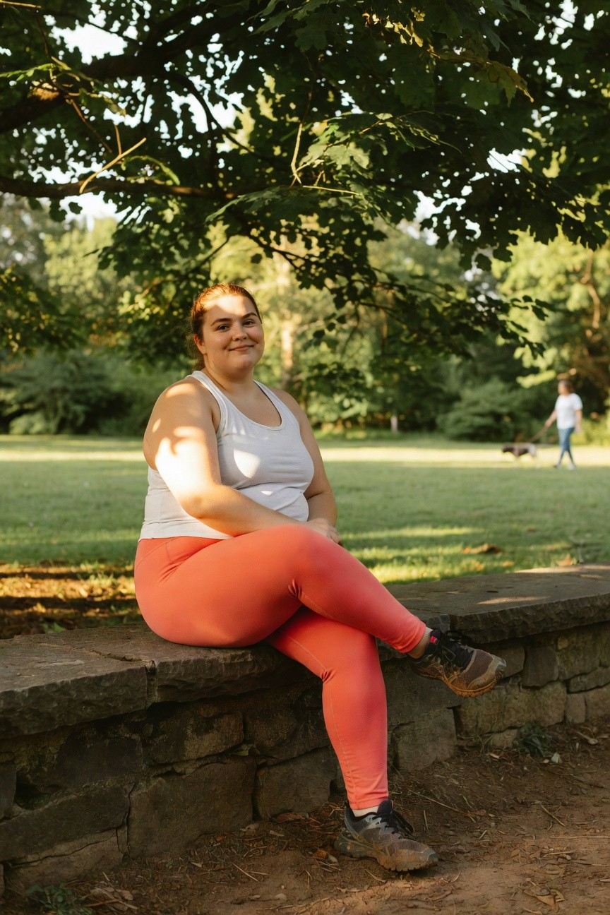 Plus-size woman seated on stone wall wearing white sleeveless tank top, bright orange high-waisted leggings, and black hiking boots with mesh details, smiling confidently outdoors