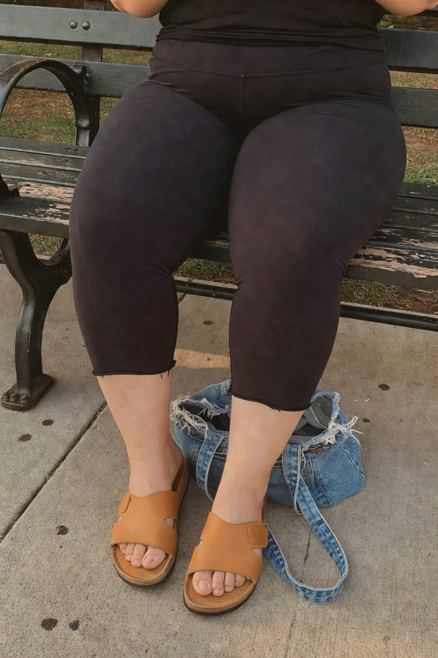 Plus-size woman sitting on a bench wearing black cropped leggings, black top, tan strappy sandals, and a fringed denim bag beside her feet, focusing on lower outfit details