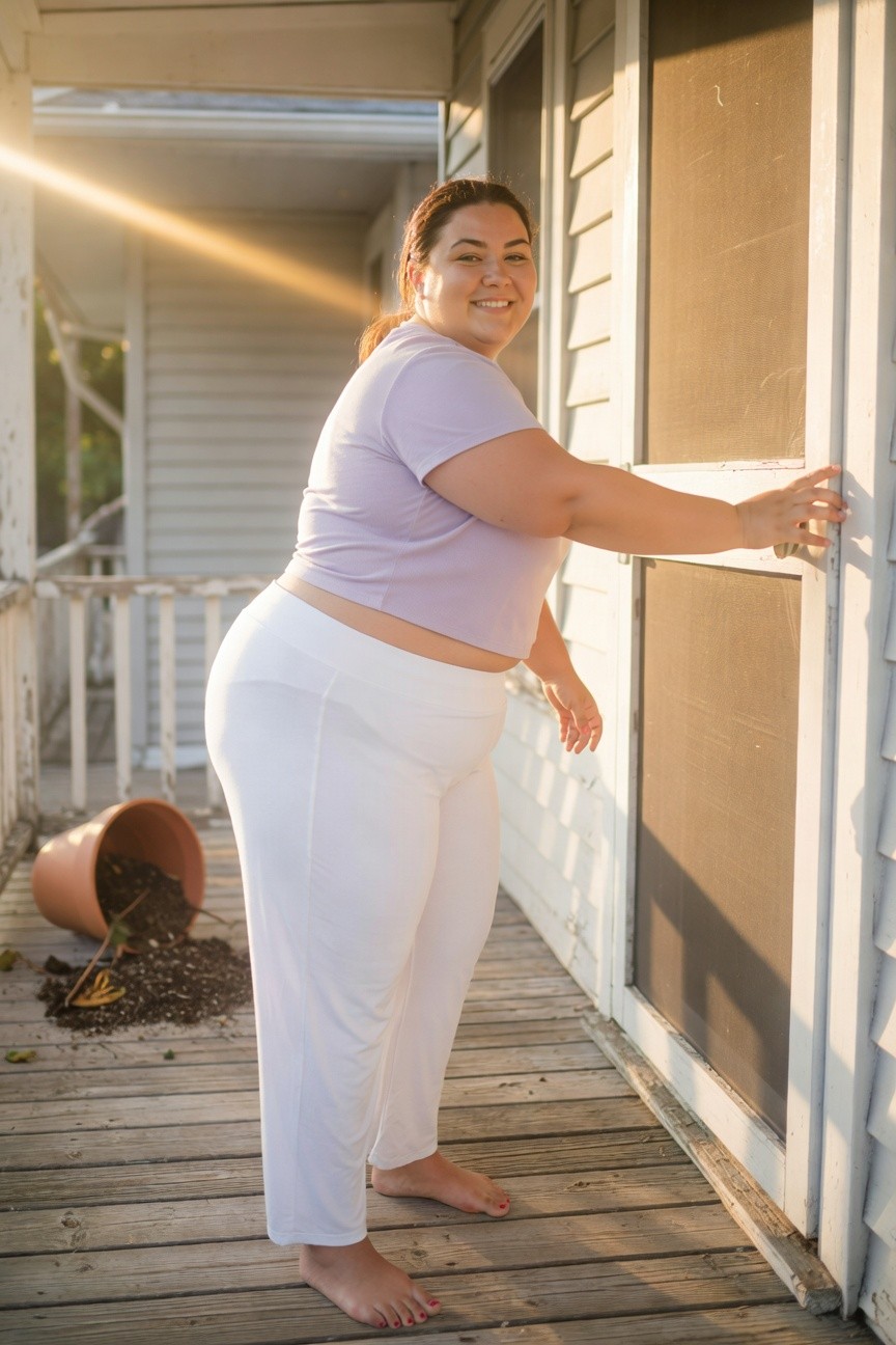 Plus-size woman in lavender cropped t-shirt and high-waisted white leggings, standing barefoot on a porch reaching for a screened door, smiling at camera with dirt from a nearby spilled plant pot on the wooden deck.