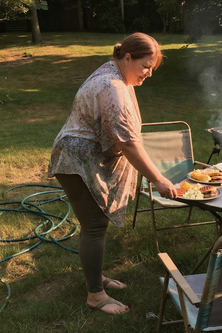 Plus-size woman in a sheer beige floral paisley coverup with wide sleeves layered over gray fitted leggings and tan flat sandals, bending to serve a plate at an outdoor table